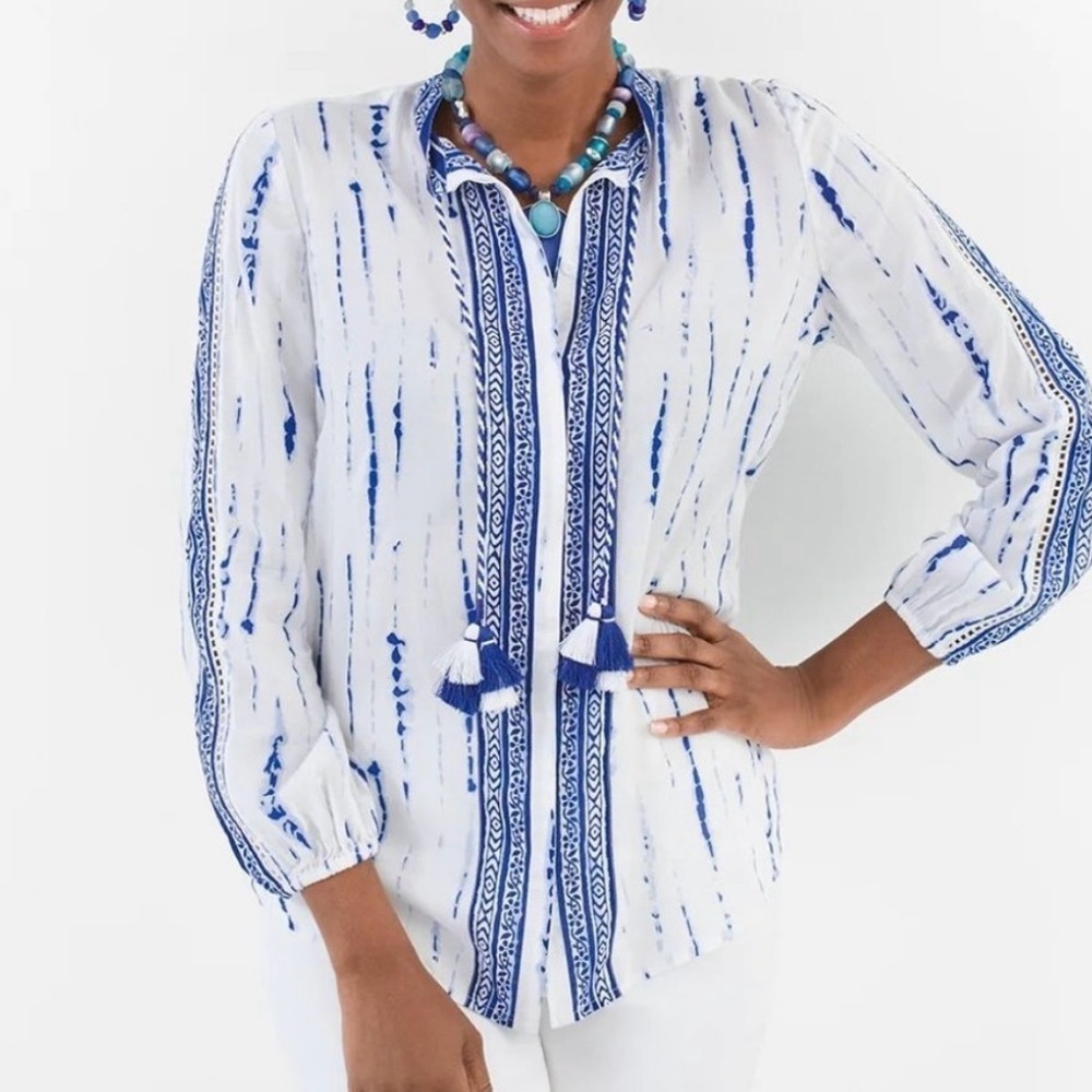 Chicos Women Tie Dye Boho Tunic top‎ Blue White Tassel Button up Chicos 0P US 4P